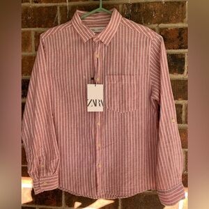 Zara girls pink white striped collared button-up long sleeve shirt size 11-12